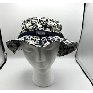 Patagonia Bucket Hat Womens Large Black White Nylon Floral Wavefarer Hiking Fish